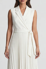 Ivory Notched Lapel A Line Pleated Midi Work Dress