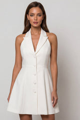 Halter White Peaked Lapel A Line Single Breasted Work Dress