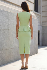 Light Green Ruffled 2 Piece Bodycon Midi Work Dress