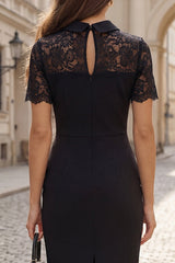 Black Lace Short Sleeve Bodycon Work Dress with Slit