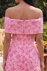 Floral Fuchsia Off the Shoulder A Line Mini Homecoming Dress with Bow
