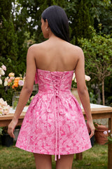 Floral Strapless Fuchsia A Line Mini Homecoming Dress with Bow