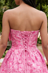 Floral Strapless Fuchsia A Line Mini Homecoming Dress with Bow
