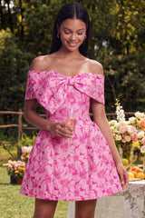 Off the Shoulder Bowed Fuchsia Floral A Line Mini Homecoming Dress
