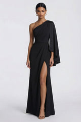 One Shoulder Black Mermaid Formal Dress with Cape Sleeve