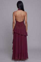 High Neck Burgundy Cut Out Ruffled Formal Dress