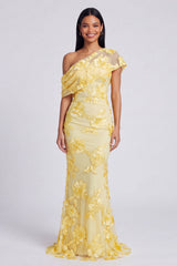 Yellow One Shoulder Floral Mermaid Long Wedding Guest Dress