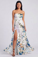 Ivory Floral Strapless Ruched Long Wedding Guest Dress with Slit