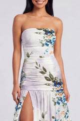 Ivory Floral Strapless Ruched Long Wedding Guest Dress with Slit