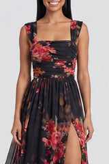 Floral Black A Line Ruched Wedding Guest Dress with Slit