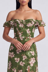 Off the Shoulder Dark Green Floral Wedding Guest Dress with Slit