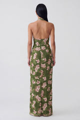 Dark Green Halter Sheath Floral Wedding Guest Dress