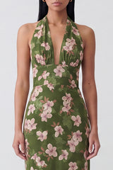 Dark Green Halter Sheath Floral Wedding Guest Dress