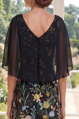 Black Floral A Line V Neck Maxi Mother of the Bride Dress