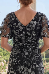 Black Appliqued A Line Ruched Mother of the Bride Dress