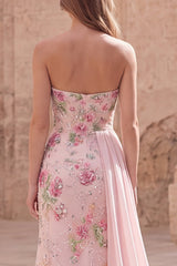Strapless Pink Floral Sequin Mermaid Prom Dress with Side Streamer