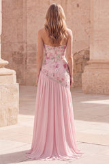 Strapless Pink Floral Sequin Prom Dress with Silt