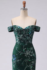 Sparkly Dark Green Off the Shoulder Mermaid Prom Dress with Slit