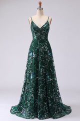 Dark Green Sequin A Line Maxi Prom Dress
