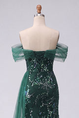 Off the Shoulder Sequin Ruched Dark Green A Line Prom Dress