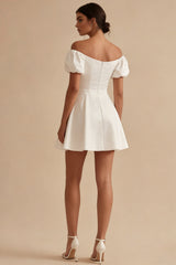 Off the Shoulder Satin A Line White Mini Engagement Dress