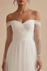 Off the Shoulder Tulle A Line White Ruched Engagement Dress
