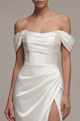 Off the Shoulder Satin Ruched White Engagement Dress