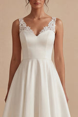 White A Line Satin V Neck Maxi Engagement Dress
