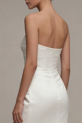 Strapless Satin Ruched White Engagement Dress with Slit