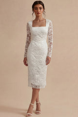 Long Sleeve Appliqued White Bodycon Midi Engagement Dress