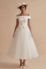 White Off the Shoulder A Line Tulle Midi Engagement Dress