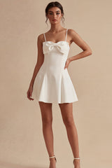 Bowed Satin Spaghetti Straps A Line Mini White Dress