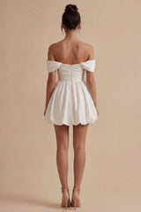 Off the Shoulder A Line Ruched Mini White Dress