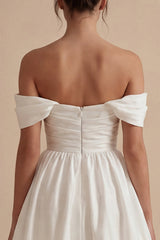Off the Shoulder A Line Ruched Mini White Dress