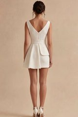 Satin A Line V Neck Mini White Dress