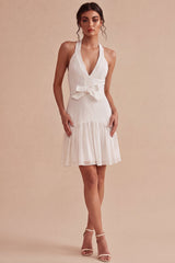 Halter A Line Pleated Mini White Dress with Bow