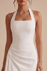 Halter Ruched Bodycon Mini White Dress