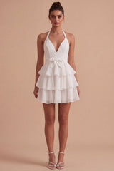 Halter Tiered A Line Bowed Mini White Dress