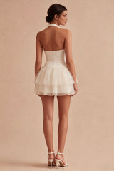 Halter Tiered Tulle Mini White Dress