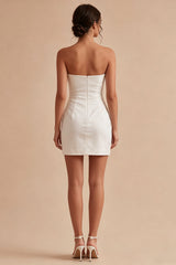 Strapless Ruched Satin Mini White Dress with Slit
