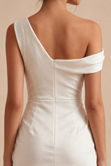 Asymmetrical Neck Ruched Satin Bodycon Mini White Dress