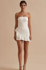 Strapless Ruffled Bodycon Mini White Dress
