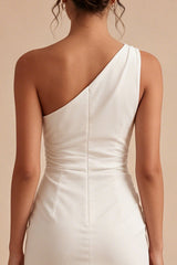 One Shoulder Ruched Satin Bodycon Mini White Dress with Slit