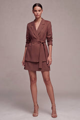 Notched Lapel Desert Rose 2 Piece A Line Mini Work Dress with Sash