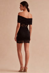 Off the Shoulder Black Lace Ruched Bodycon Mini Dress