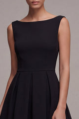 Boat Neck Black A Line Pleated Mini Dress