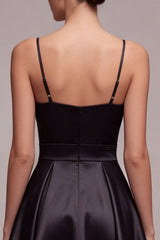 Black Spaghetti Straps A Line Pleated Satin Mini Dress