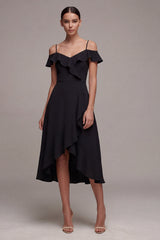 Cold Shoulder Black Ruffled A Line High Low Midi Dress
