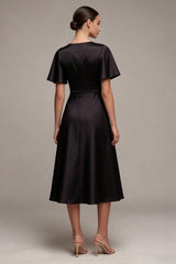 Black A Line Satin Short Sleeve Midi Dress