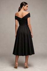 Off the Shoulder Ruched Black A Line Pleated Satin Midi Formal Dress